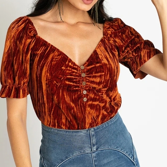 {S} Mia Joy Burnt Orange Velvet-y Bodysuit  Pumpkin Spice Fall Autumn - Picture 1 of 10